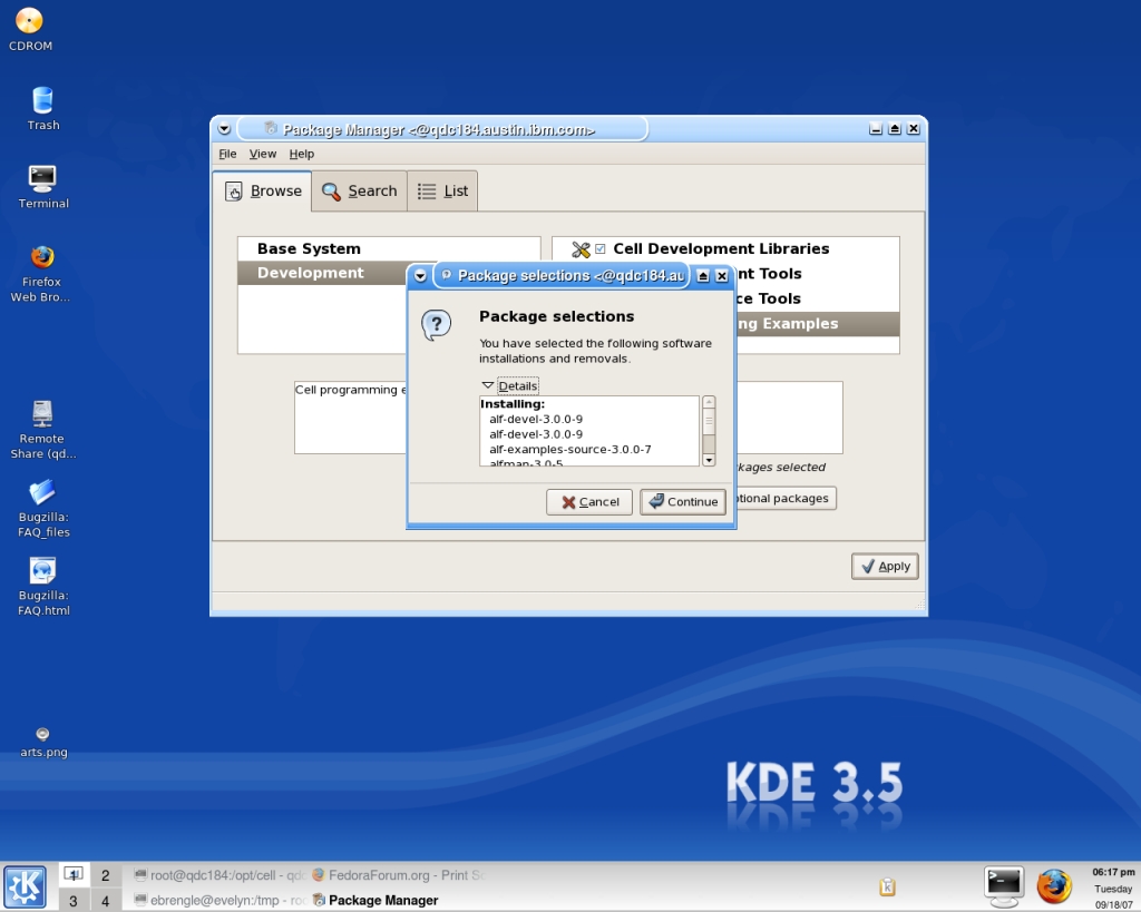 Package selections window